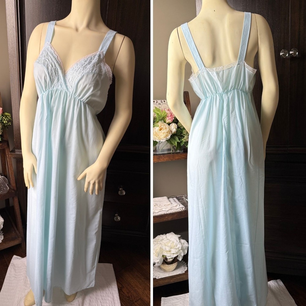 Vintage Nightgown Lace Bodice Empire Waist Maxi Light Blue Size L 70s Canada